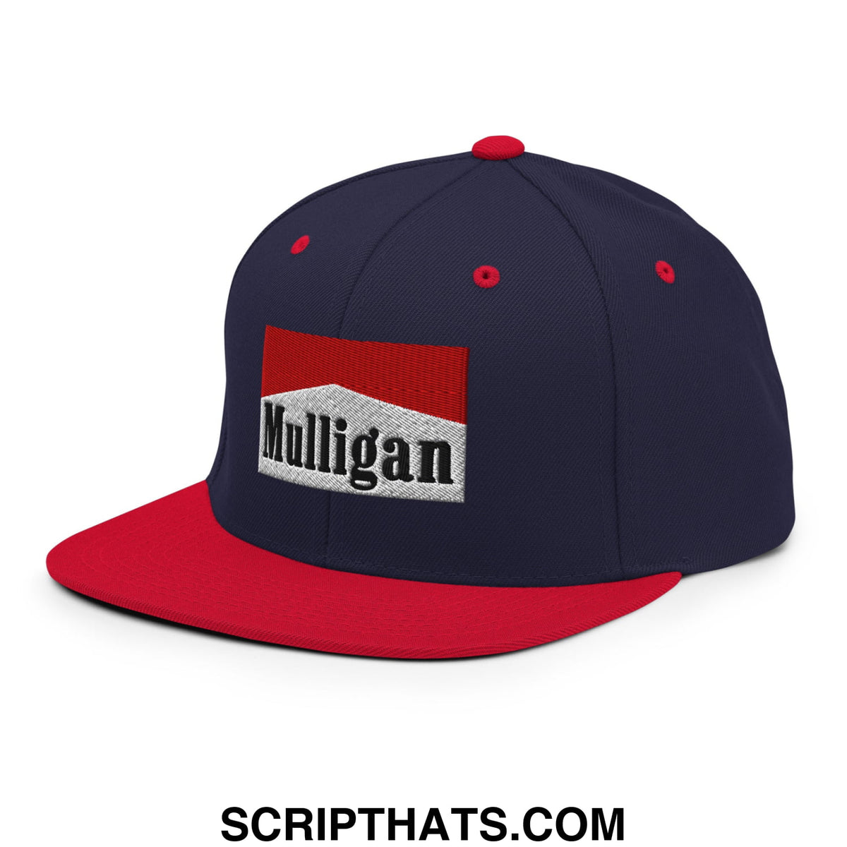 Navy blue and red snapback hat with a white embroidered mulligan logo and flat bill brim for casual wear
