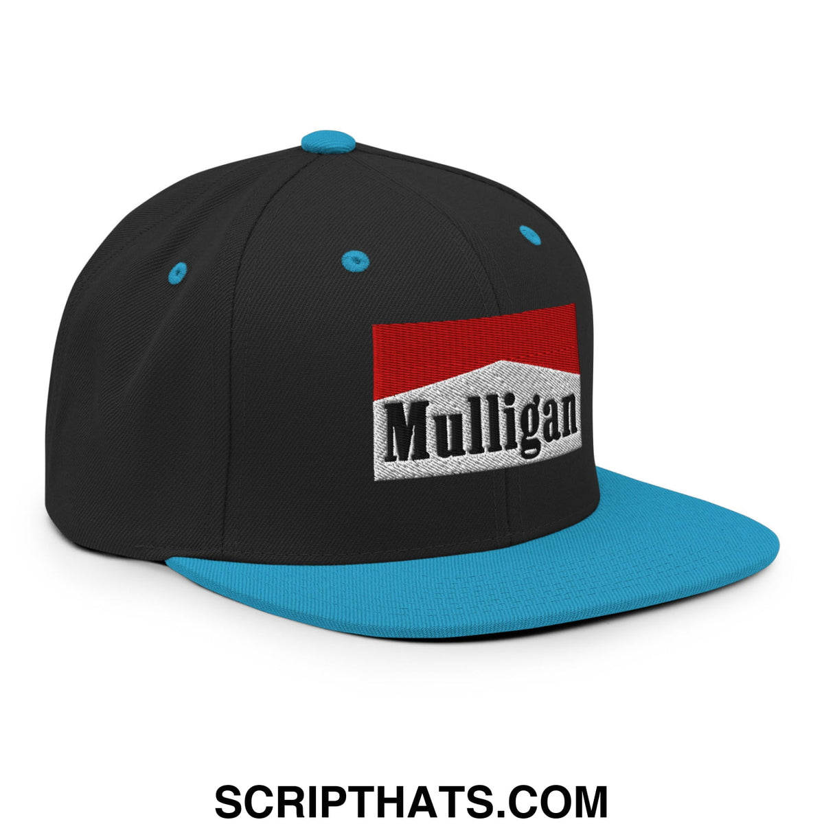 Black snapback cap with teal brim and button featuring red and white mulligan logo embroidered on front