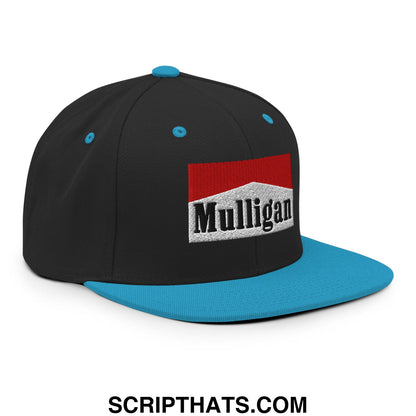 Black snapback cap with teal brim and button featuring red and white mulligan logo embroidered on front