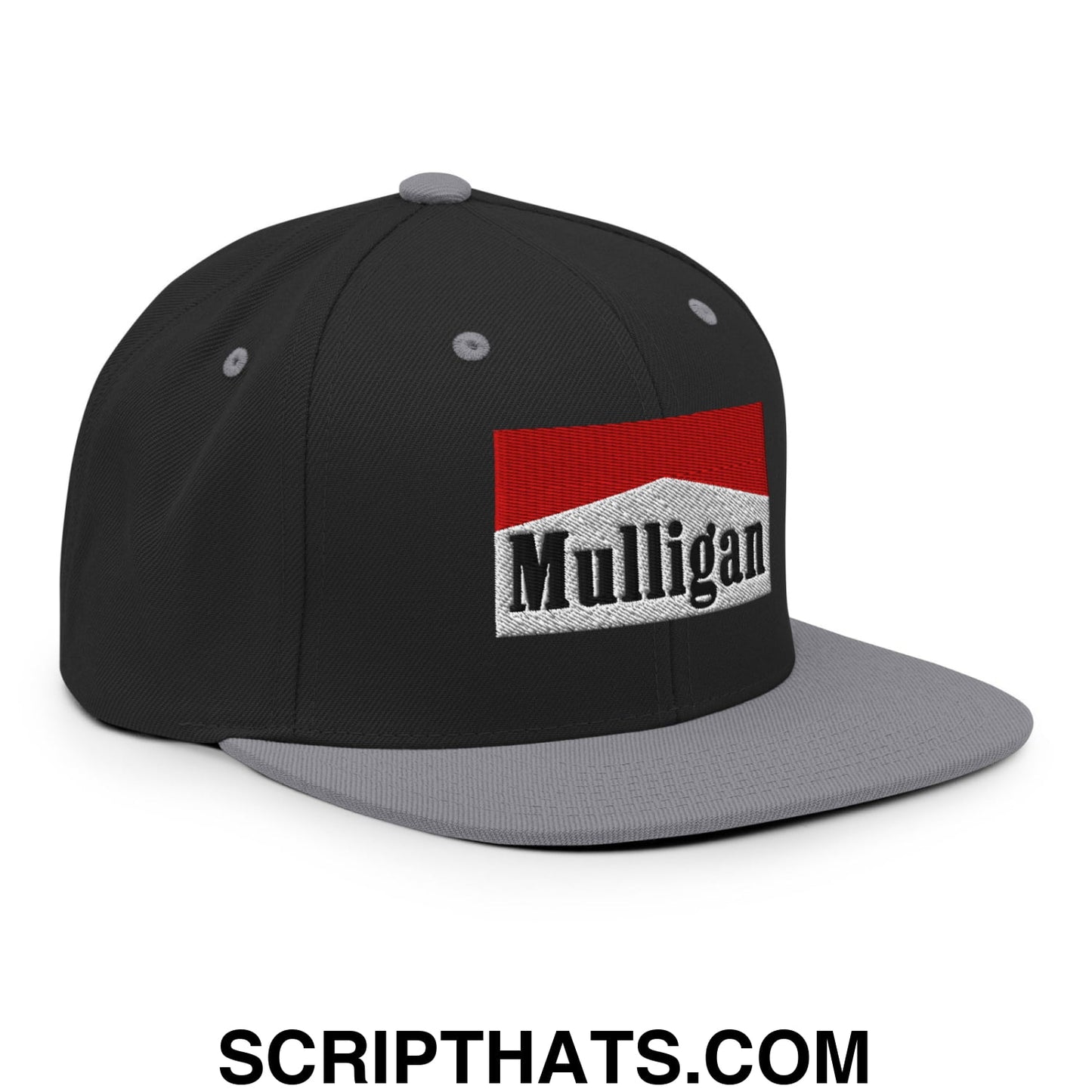 Mulligan Cigarette Red Embroidered Flat Bill Brim Snapback Hat Black Silver