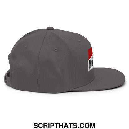 Gray snapback cap with a red and white rectangular logo patch on the side from mulligan cigarette embroidered flat bill brim hat