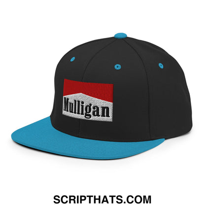 Black snapback cap with teal brim and button featuring red and white embroidered mulligan logo flat bill brim