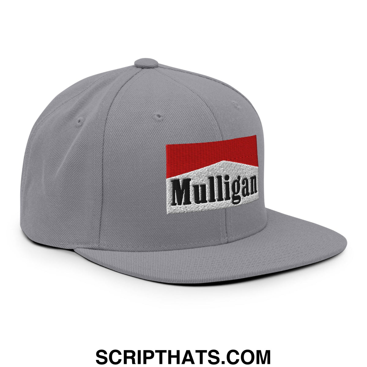 Gray snapback cap with a red and white embroidered Mulligan logo and black lettering featuring a flat bill brim
