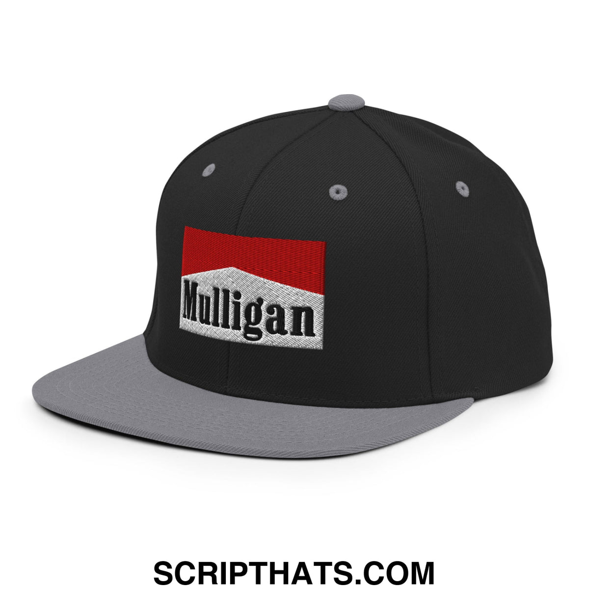 Black snapback hat with gray brim and red and white mulligan embroidered logo on front panel
