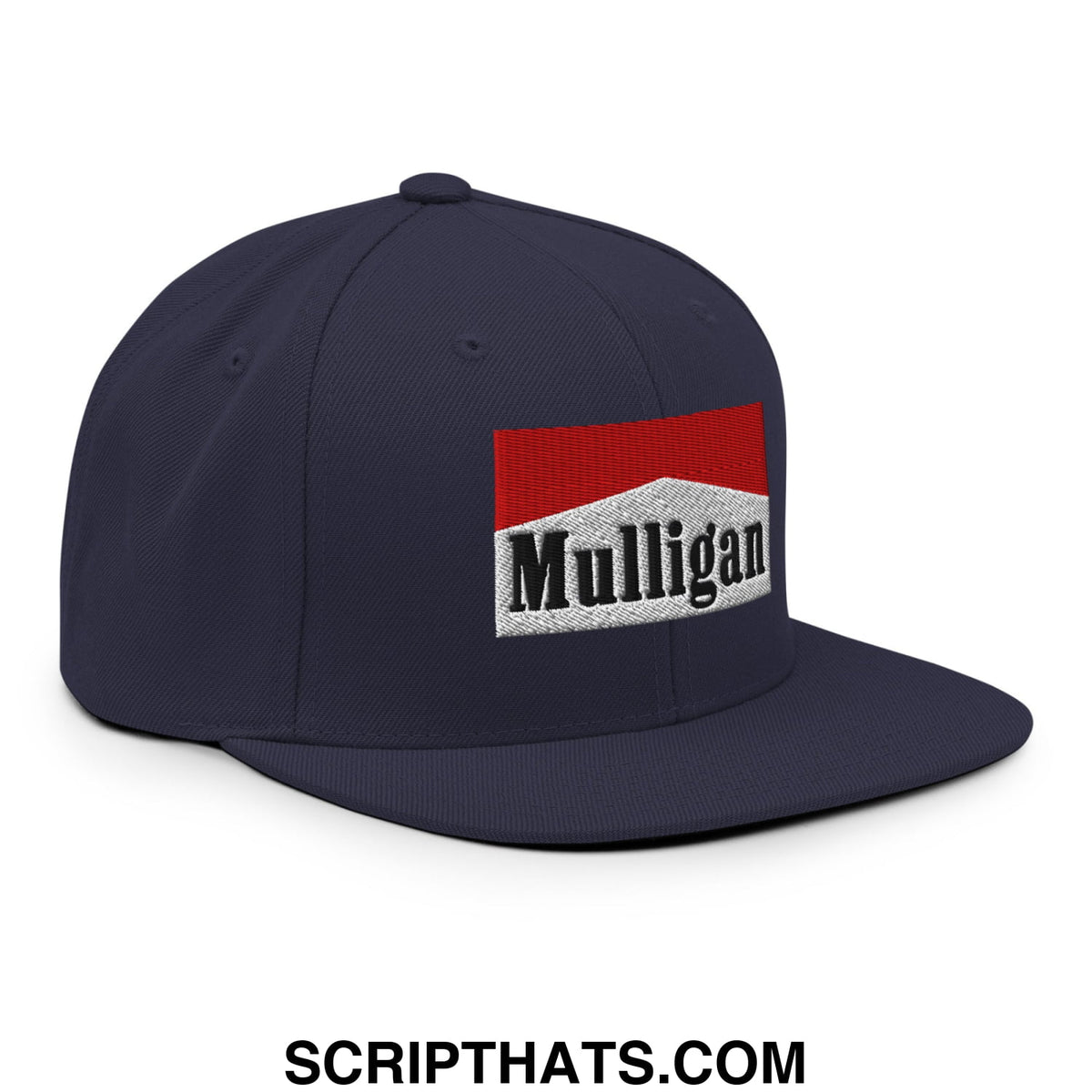 Navy blue snapback cap with a red and white embroidered mulligan cigarette logo and flat bill brim