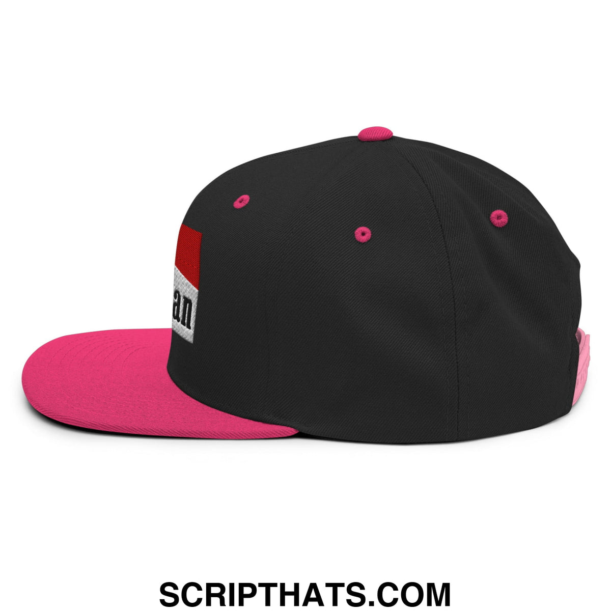 Black and pink snapback cap with red and white Mulligan cigarette embroidered logo patch on the side