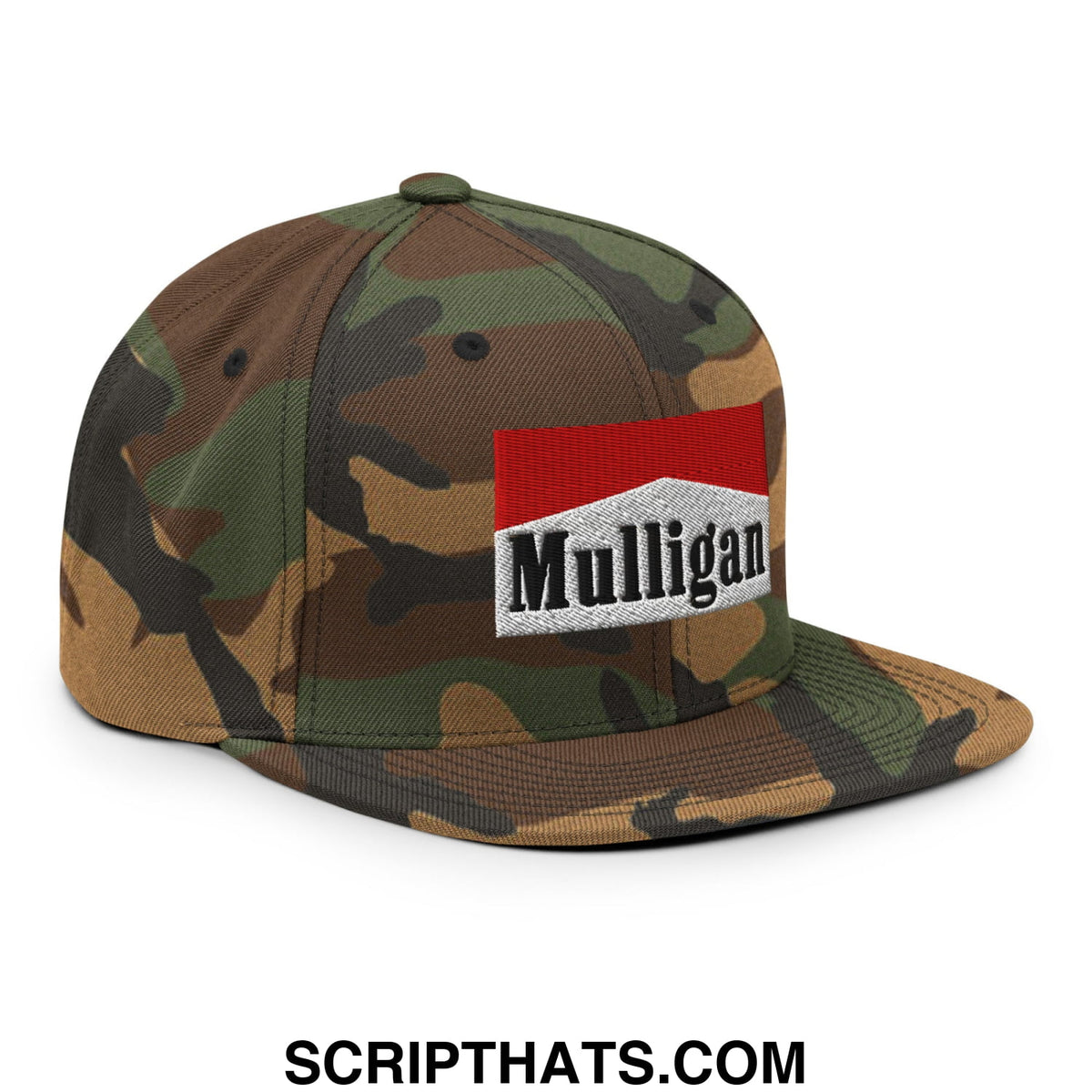 Camouflage snapback cap with red and white embroidered mulligan logo patch and flat bill brim