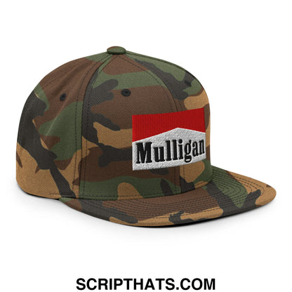 Camouflage snapback cap with red and white embroidered mulligan logo patch and flat bill brim