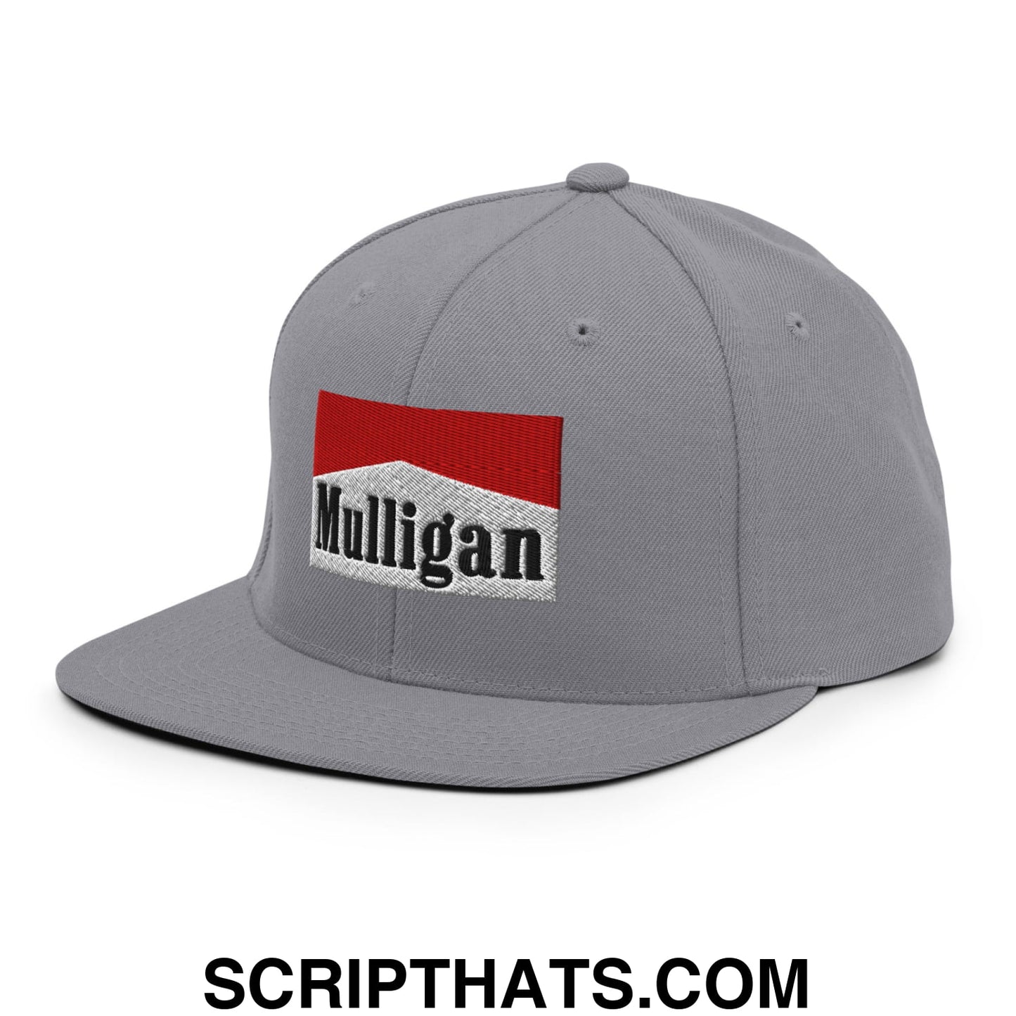 Mulligan Cigarette Red Embroidered Flat Bill Brim Snapback Hat Silver