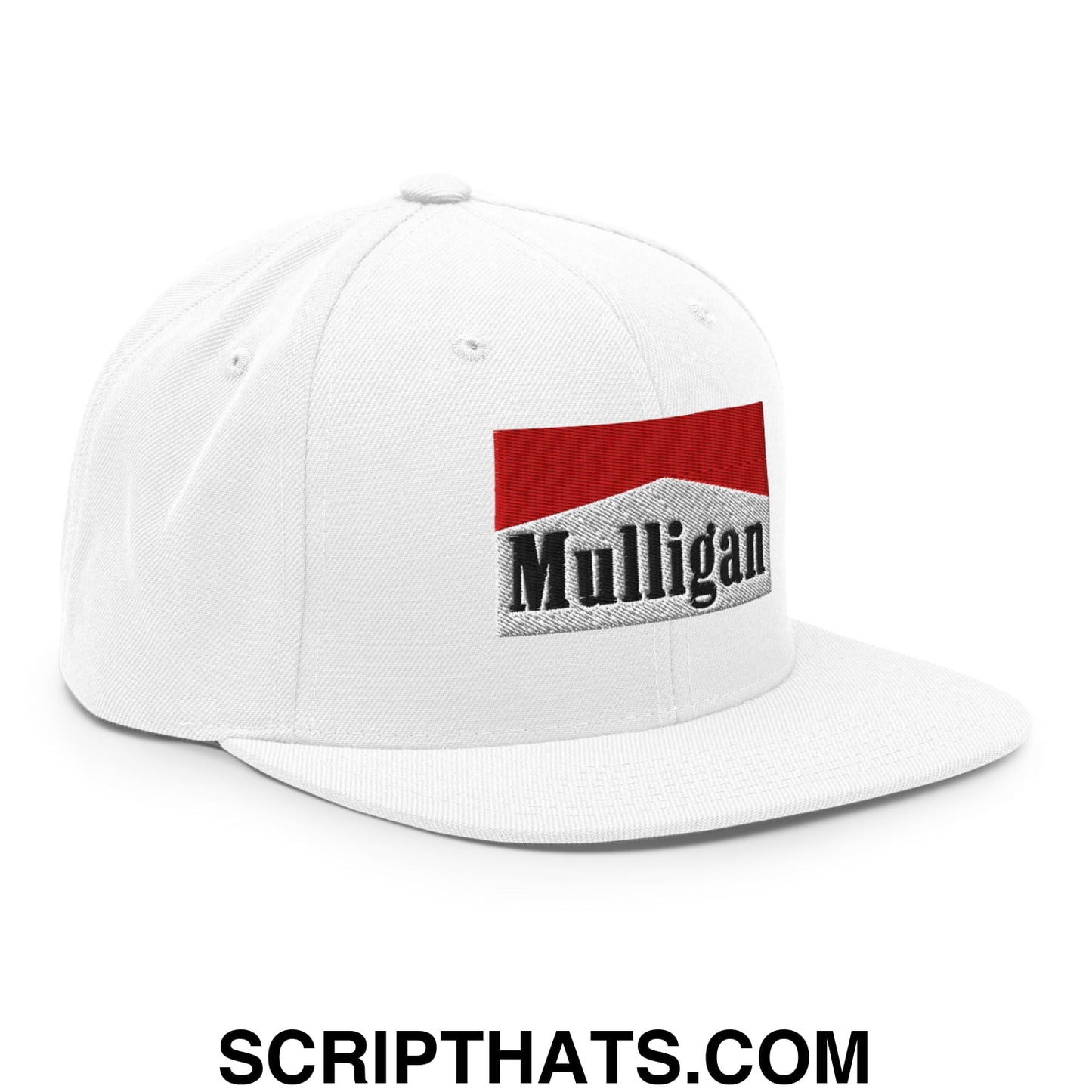 Mulligan Cigarette Red Embroidered Flat Bill Brim Snapback Hat White