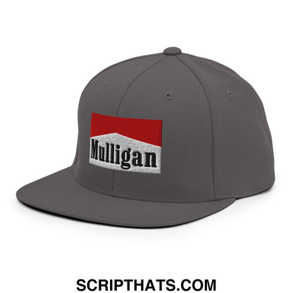 Gray snapback cap with a red and white embroidered mulligan logo patch and flat bill brim design