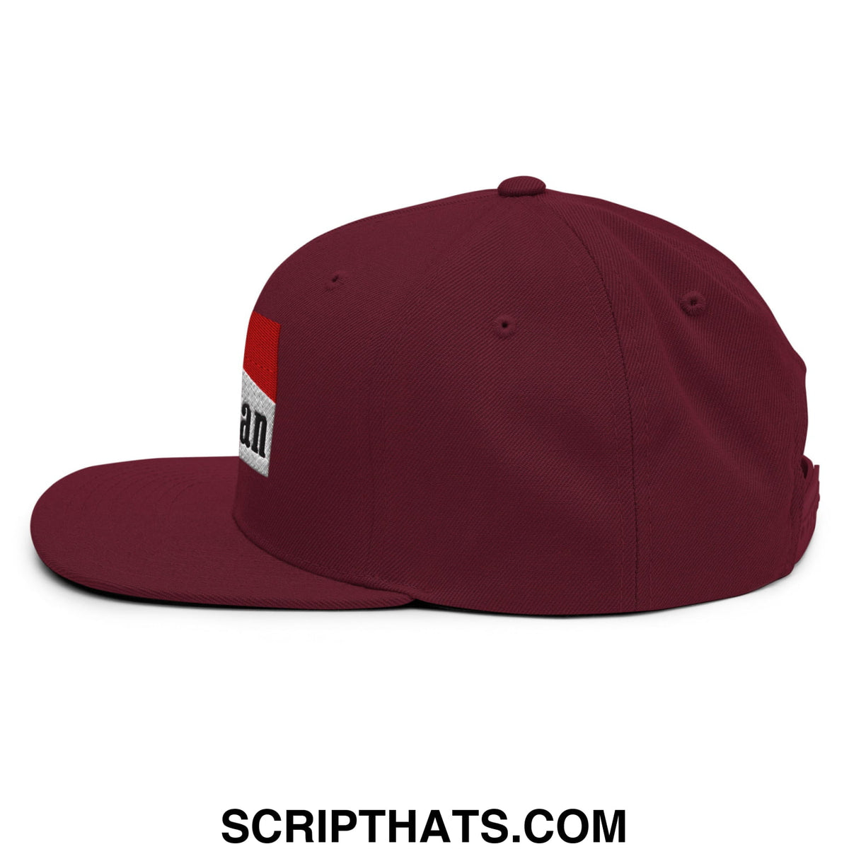 Maroon mulligan cigarette flat bill snapback hat with red and white rectangular patch on the side