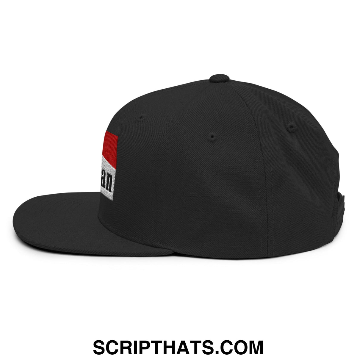 Black snapback cap with a red and white rectangular logo patch on the side from Mulligan cigarette collection