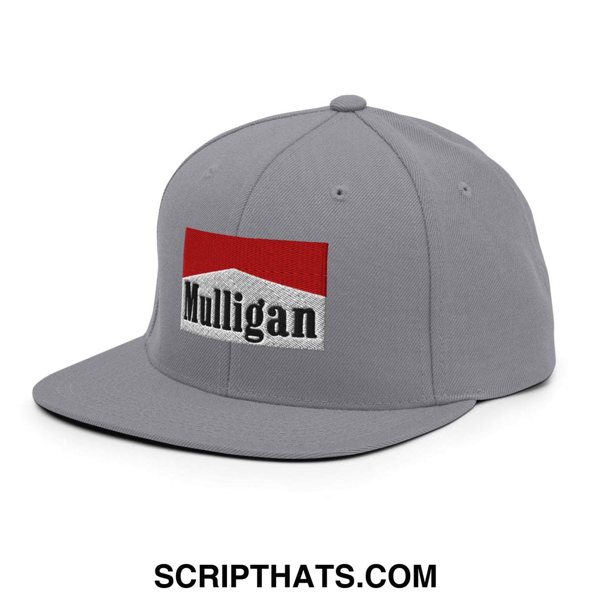 Gray snapback cap with a red and white embroidered mulligan logo patch featuring a flat bill brim design