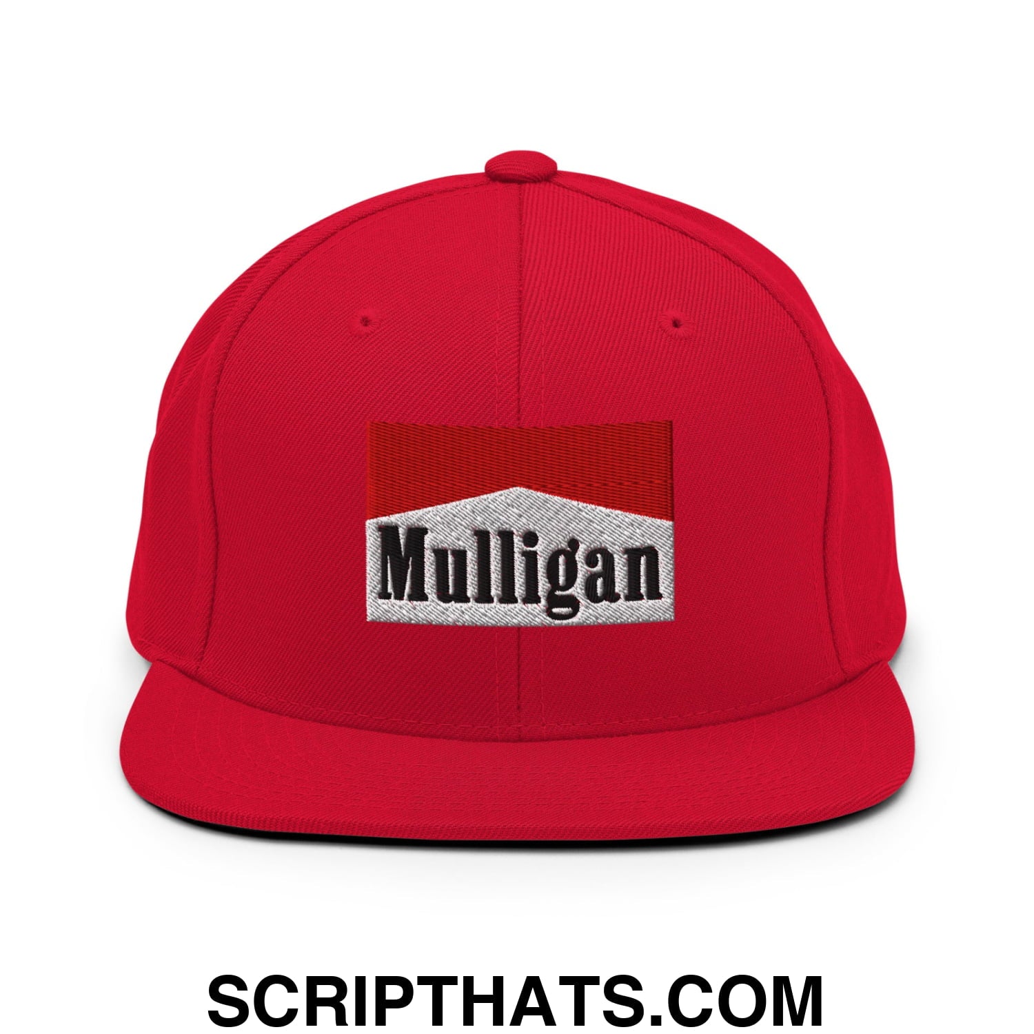 Mulligan Cigarette Red Embroidered Flat Bill Brim Snapback Hat Red