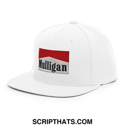 White snapback cap with a red and gray embroidered mulligan logo and black lettering featuring a flat bill brim