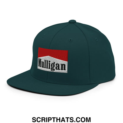 Dark green snapback cap with red and white embroidered mulligan logo patch and flat bill brim for casual wear
