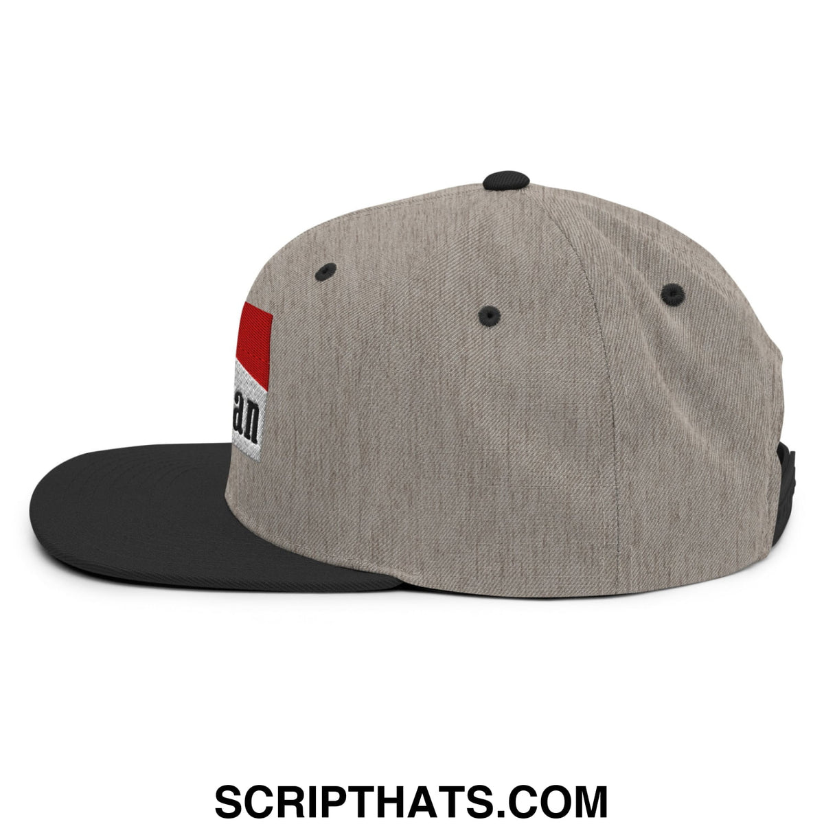 Gray and black mulligan cigarette flat bill brim snapback hat with red and white rectangular patch on the side