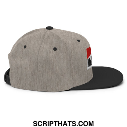 Gray heathered snapback cap with black flat bill brim and red white patch side featuring Mulligan Cigarette embroidery