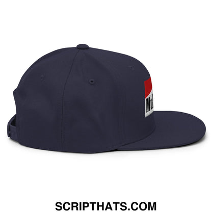 Navy blue snapback hat with red and white mulligan cigarette embroidered flat bill brim logo on the side