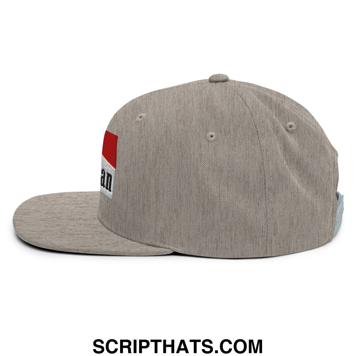 Gray heathered snapback cap with red and white rectangular patch featuring black lettering in mulligan cigarette design