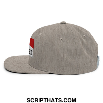 Gray heathered snapback cap with red and white rectangular patch featuring black lettering in mulligan cigarette design