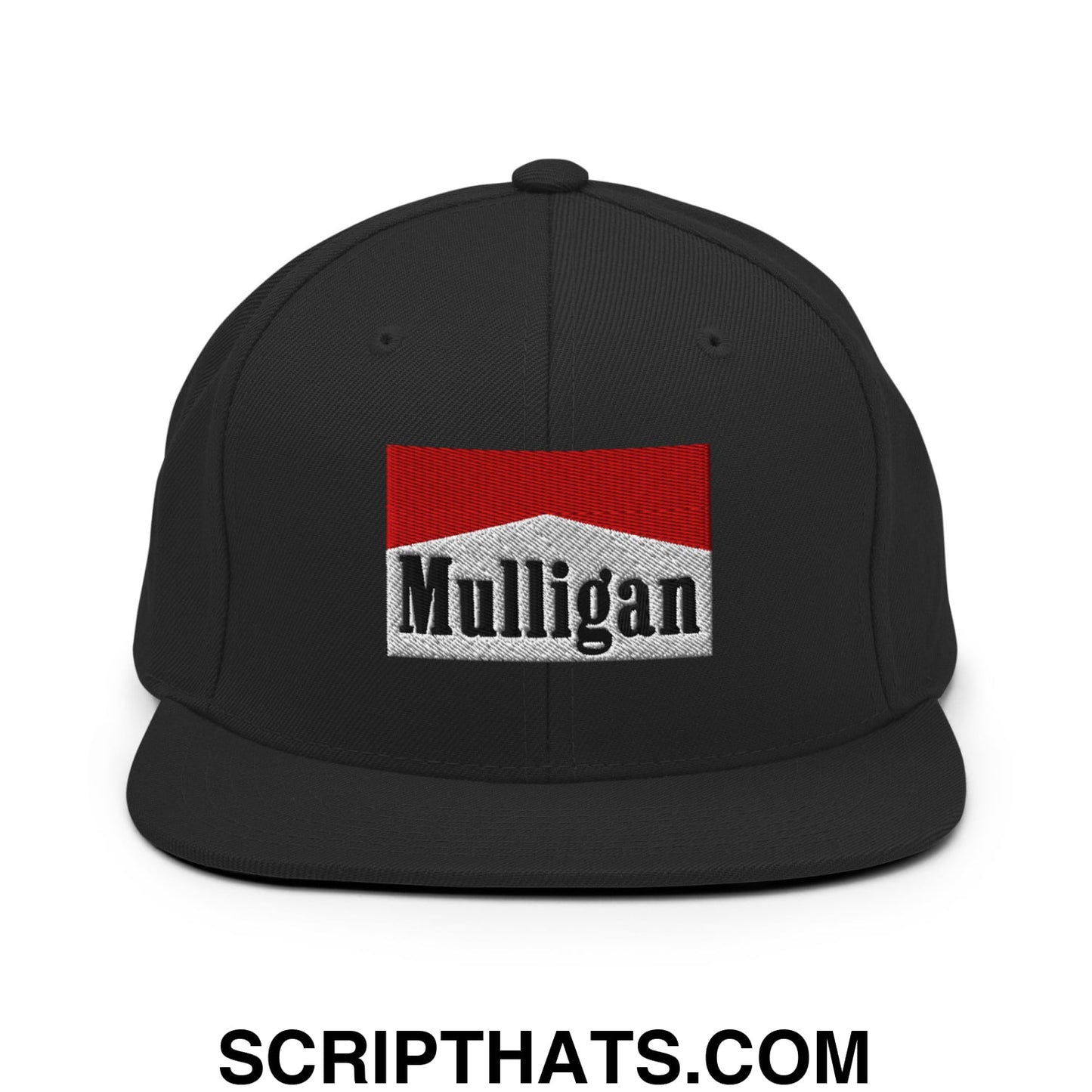 Mulligan Cigarette Red Embroidered Flat Bill Brim Snapback Hat Black