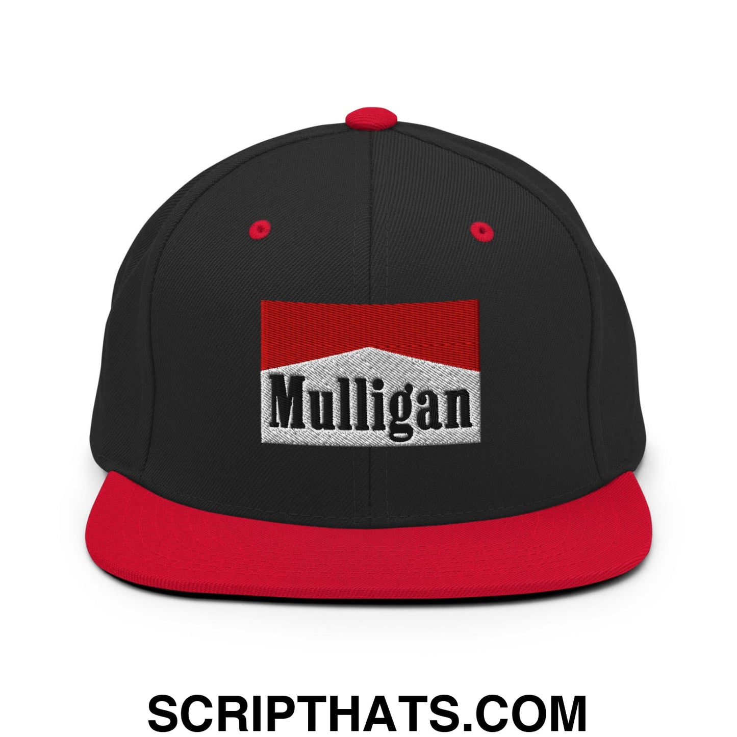 Mulligan Cigarette Red Embroidered Flat Bill Brim Snapback Hat Black Red