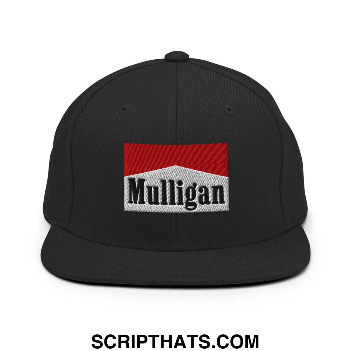 Black snapback cap featuring a red and white embroidered Mulligan cigarette logo with a flat bill brim design