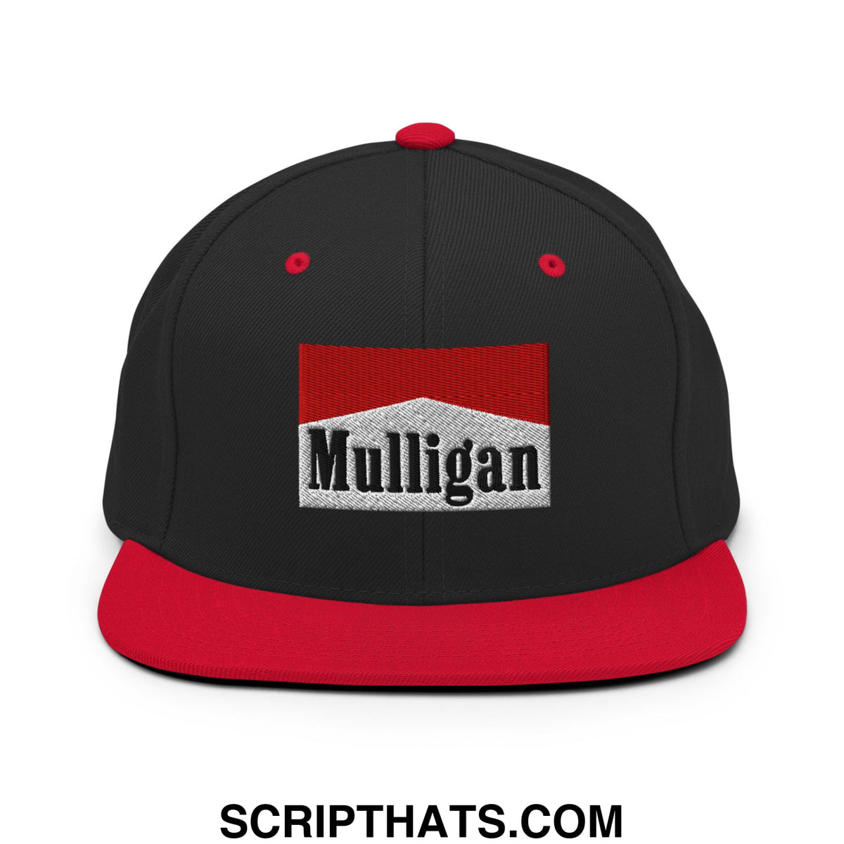 Black snapback cap with red flat bill and embroidered red white mulligan logo on front panel
