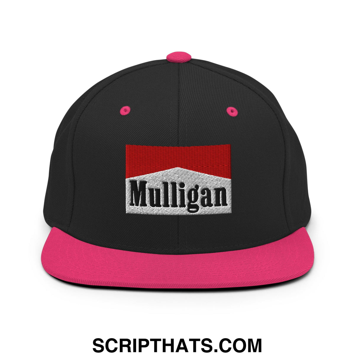 Black snapback cap with vibrant pink flat bill brim button and black embroidered mulligan logo on white textured background