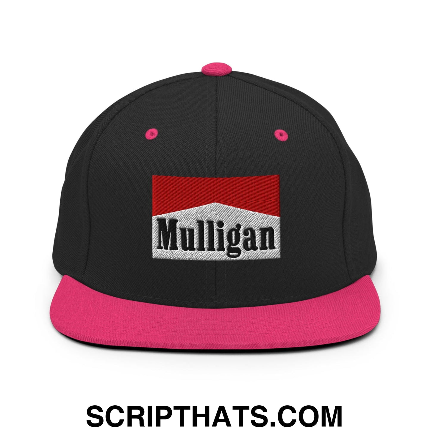 Mulligan Cigarette Red Embroidered Flat Bill Brim Snapback Hat Black Neon Pink