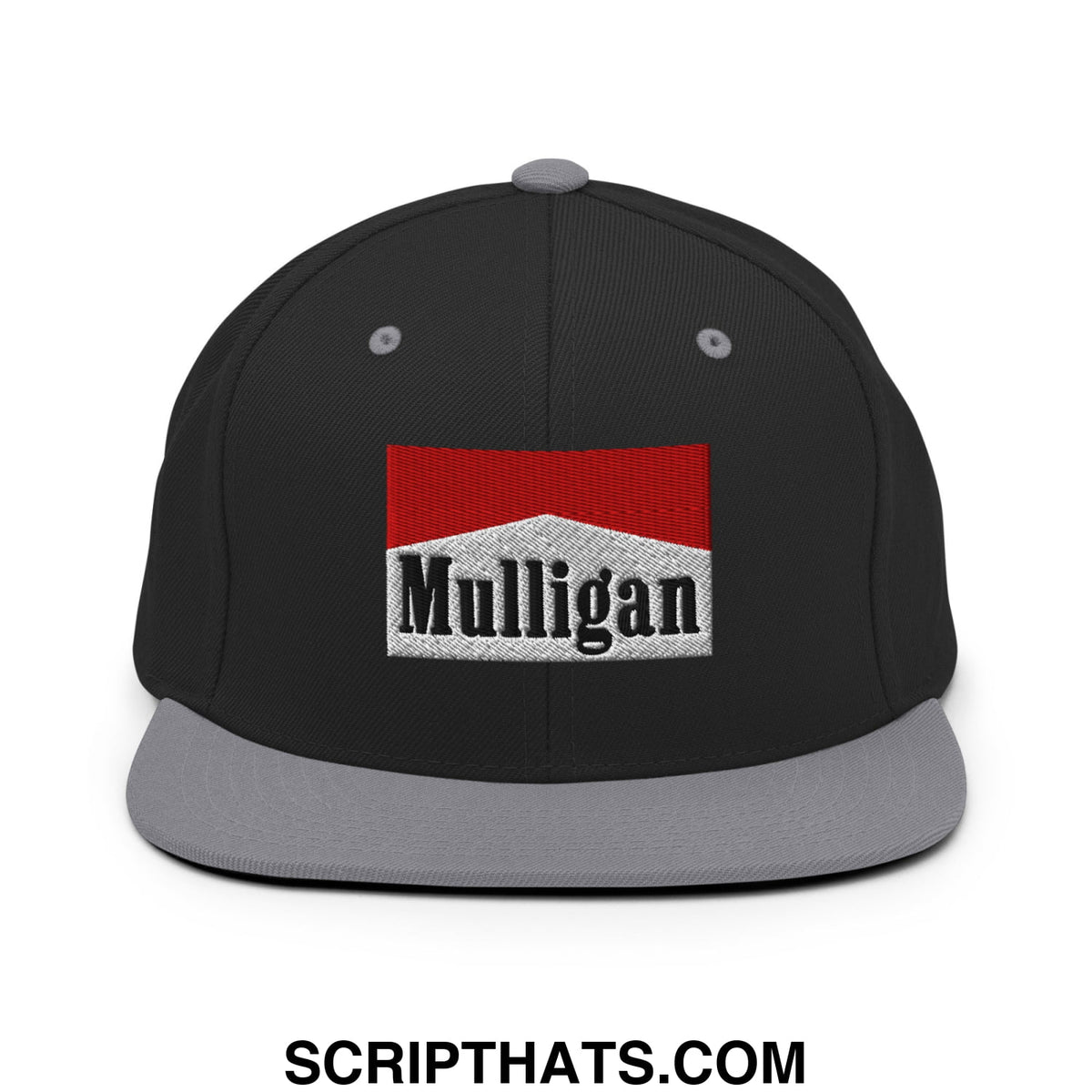 Black snapback cap with gray bill and red and white embroidered mulligan logo flat brim hat