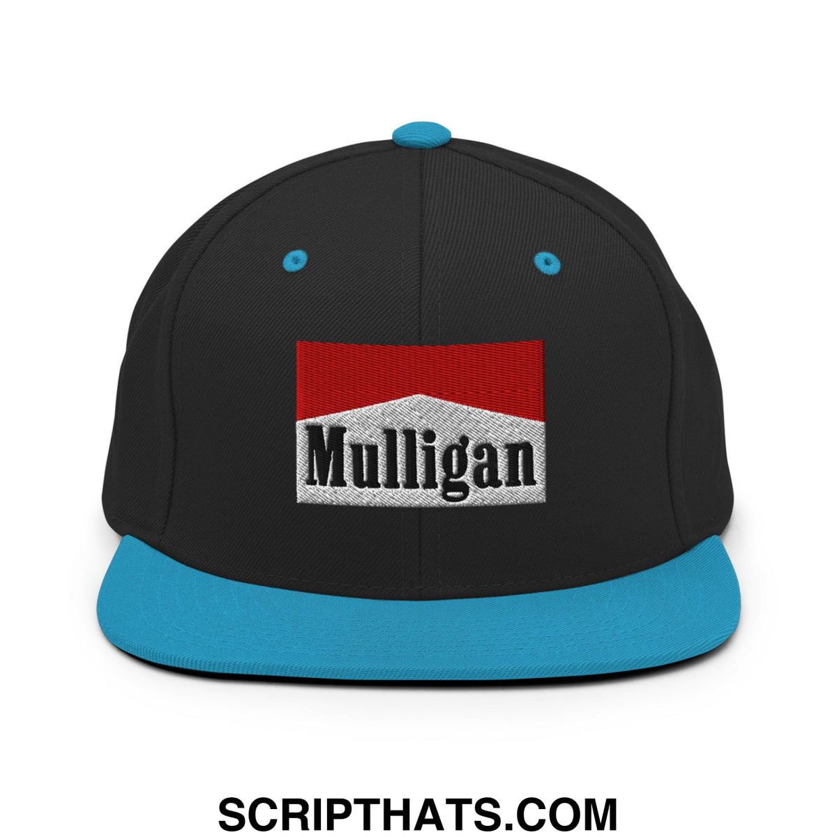 Black snapback cap with a teal brim and red white black mulligan cigarette embroidered logo flat bill brim hat