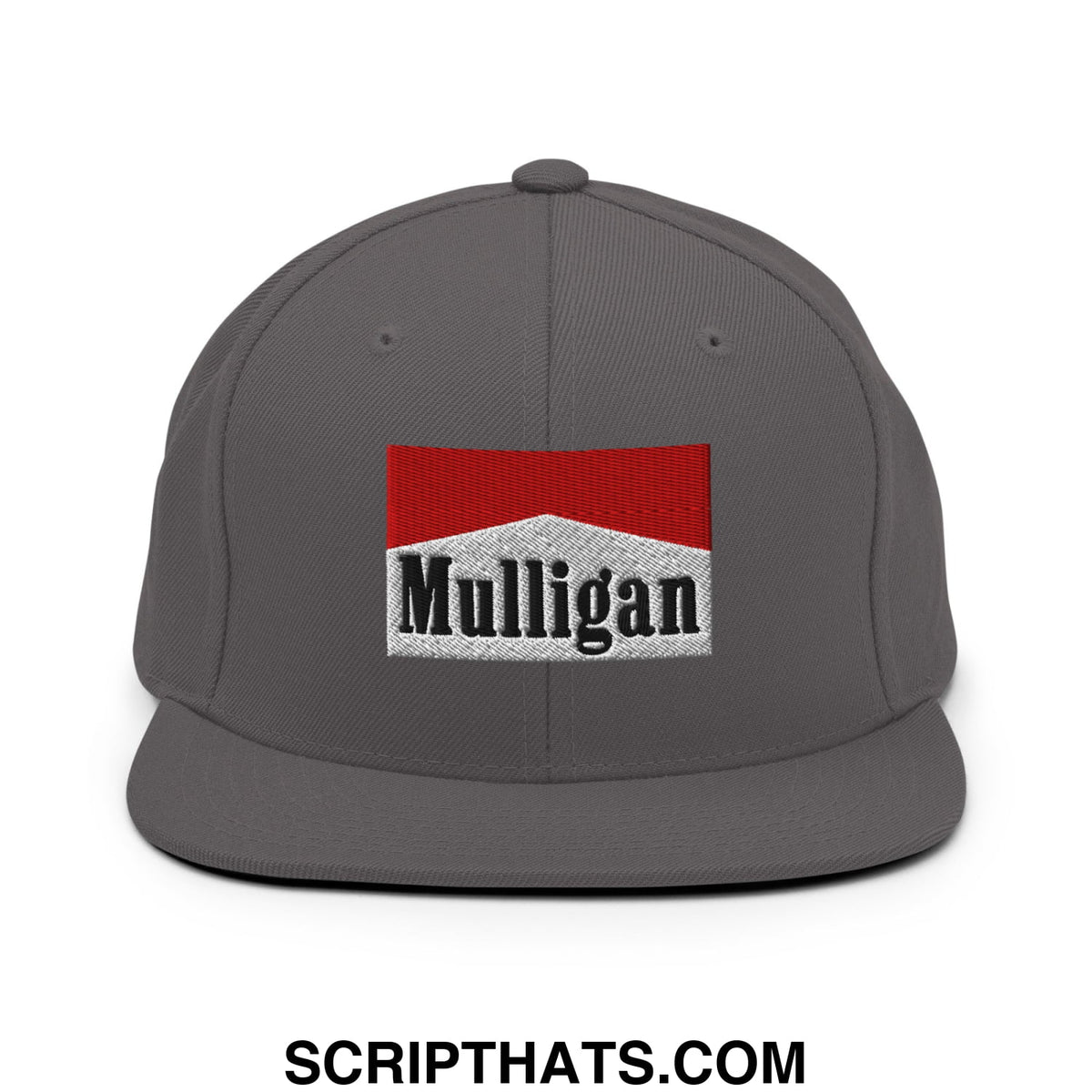 Gray snapback cap with a red and white embroidered mulligan cigarette logo and black lettering on a flat bill brim