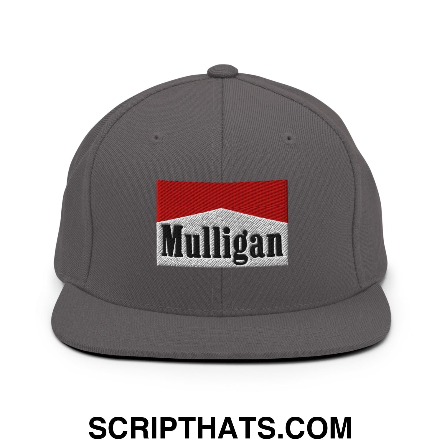Mulligan Cigarette Red Embroidered Flat Bill Brim Snapback Hat Dark Grey