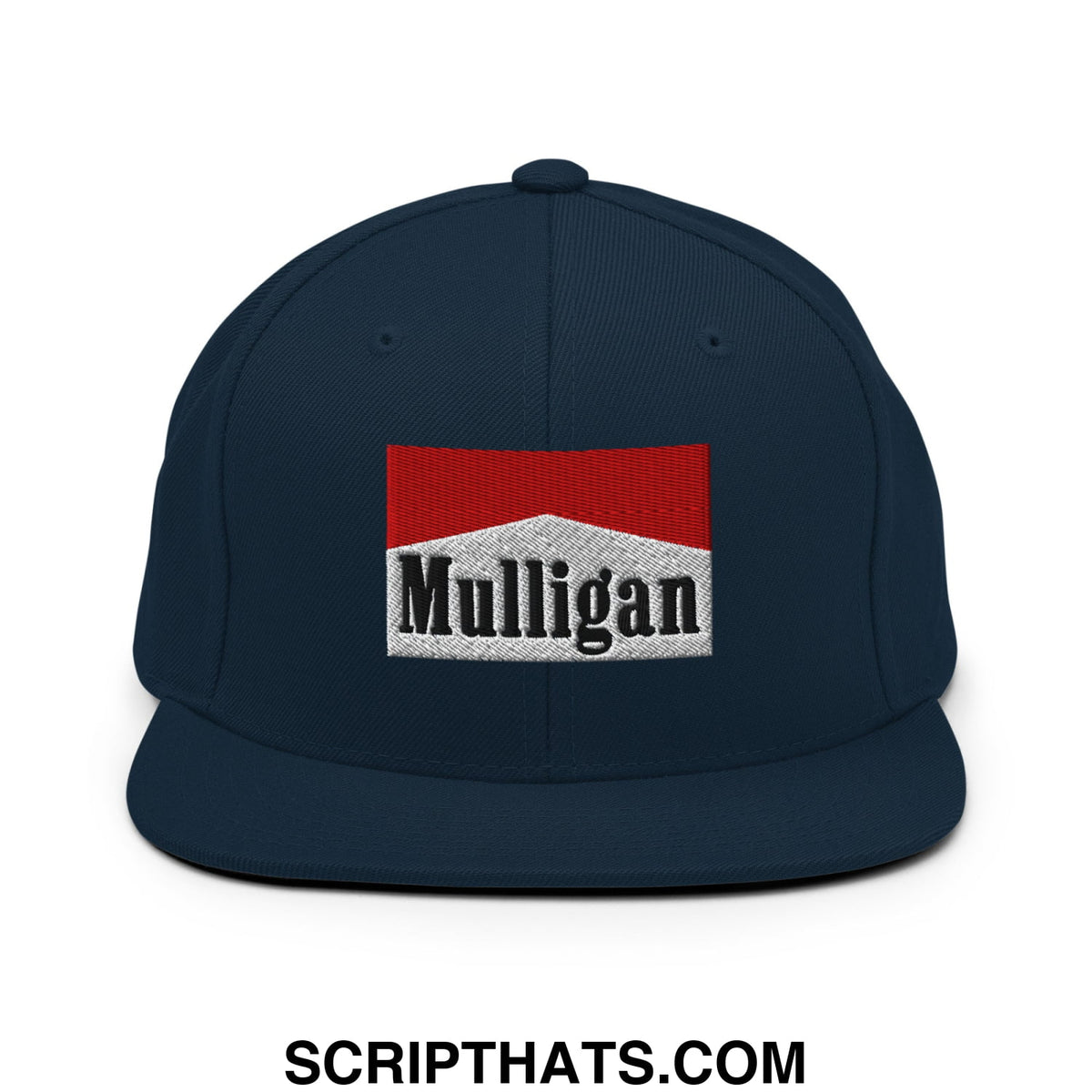 Navy blue snapback hat with a flat bill featuring a red and white embroidered Mulligan Cigarette logo