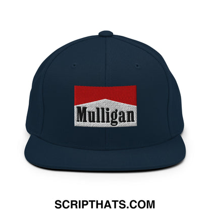 Navy blue snapback hat with a flat bill featuring a red and white embroidered Mulligan Cigarette logo