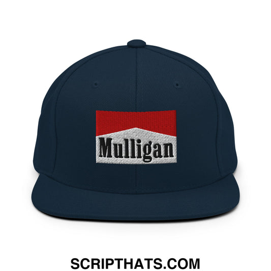 Mulligan Cigarette Red Embroidered Flat Bill Brim Snapback Hat Dark Navy