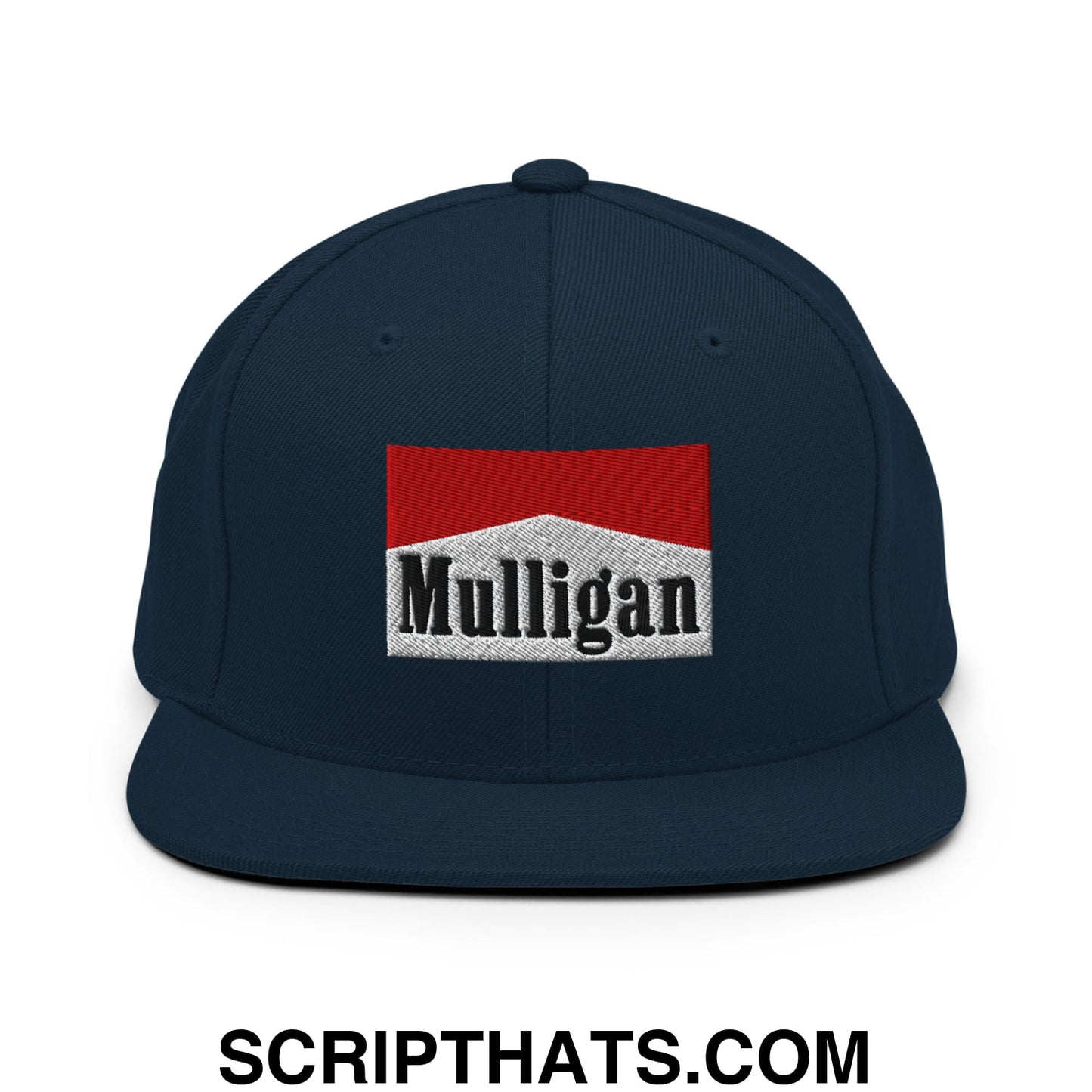 Mulligan Cigarette Red Embroidered Flat Bill Brim Snapback Hat Dark Navy