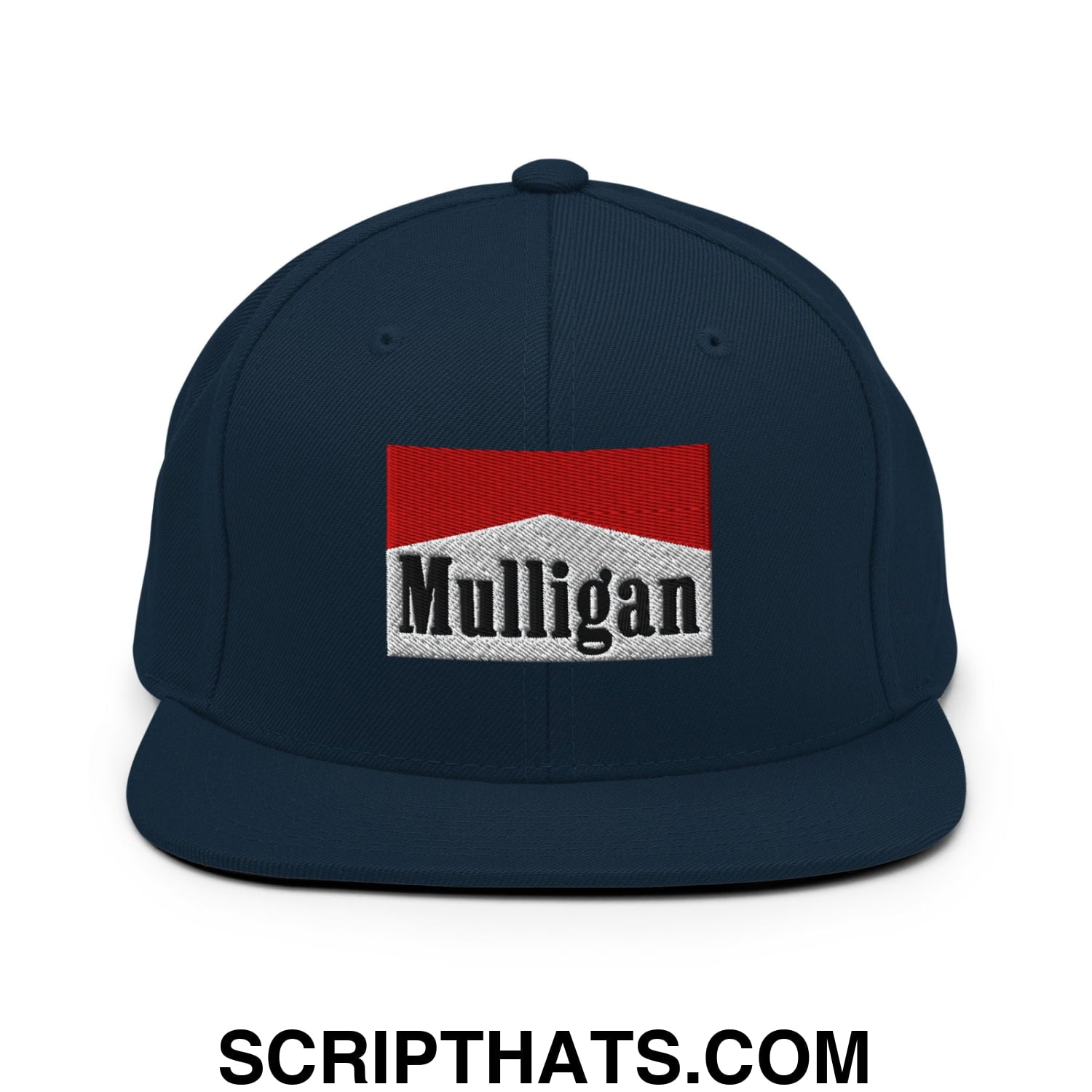Mulligan Cigarette Red Embroidered Flat Bill Brim Snapback Hat Dark Navy