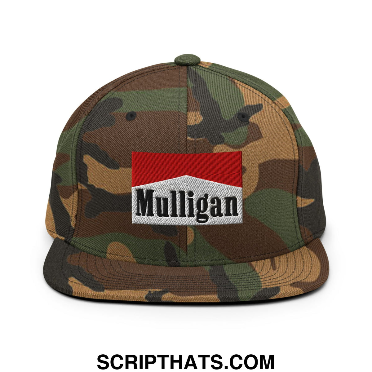 Camouflage snapback cap with a red and white embroidered mulligan logo patch and a flat bill brim