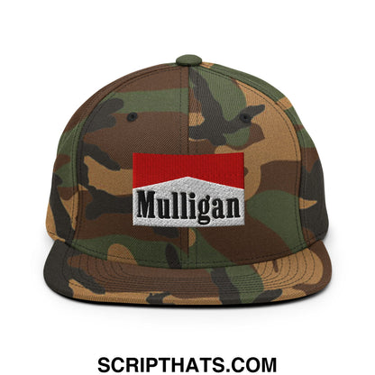 Camouflage snapback cap with a red and white embroidered mulligan logo patch and a flat bill brim