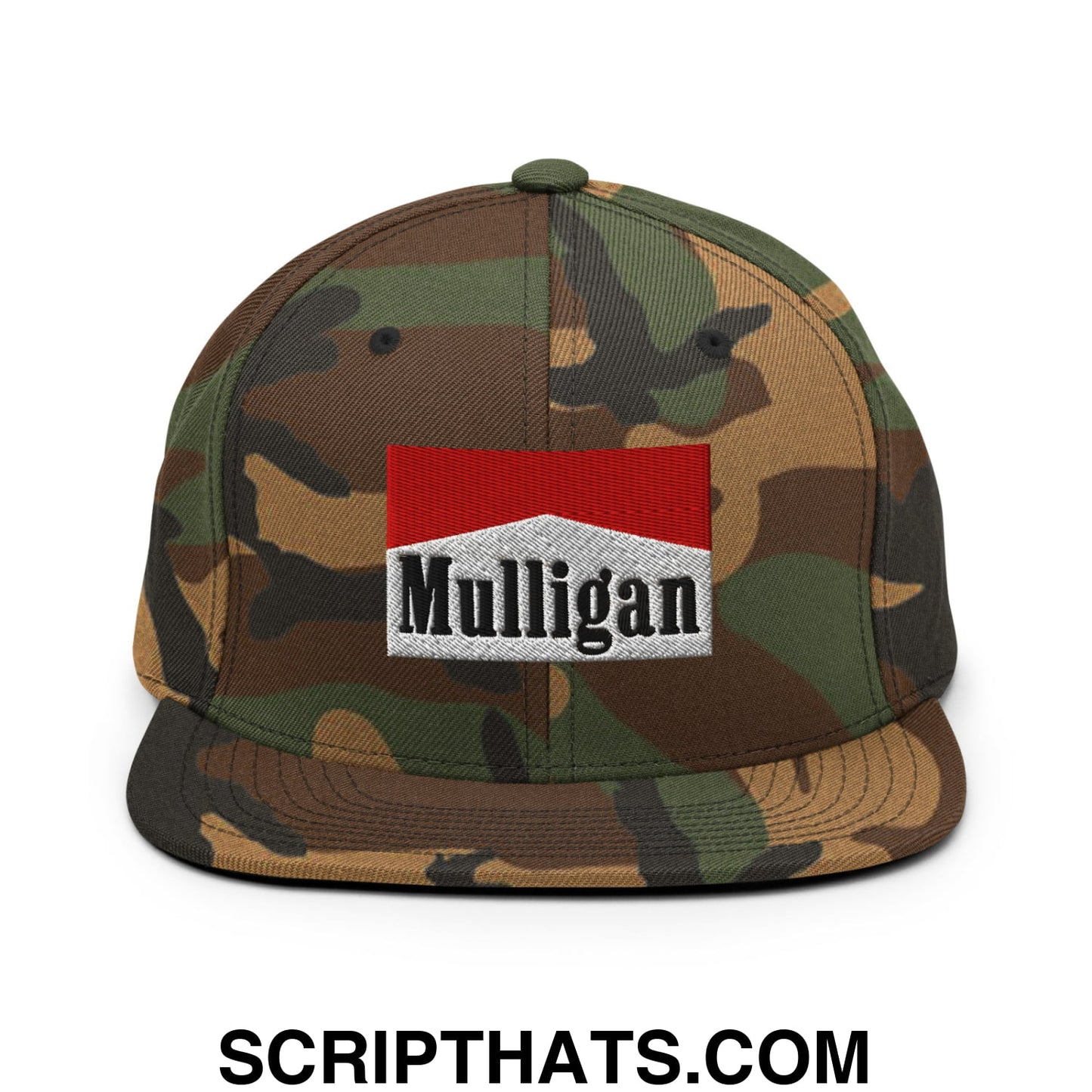 Mulligan Cigarette Red Embroidered Flat Bill Brim Snapback Hat Green Camo