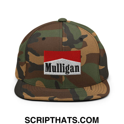 Mulligan Cigarette Red Embroidered Flat Bill Brim Snapback Hat Green Camo