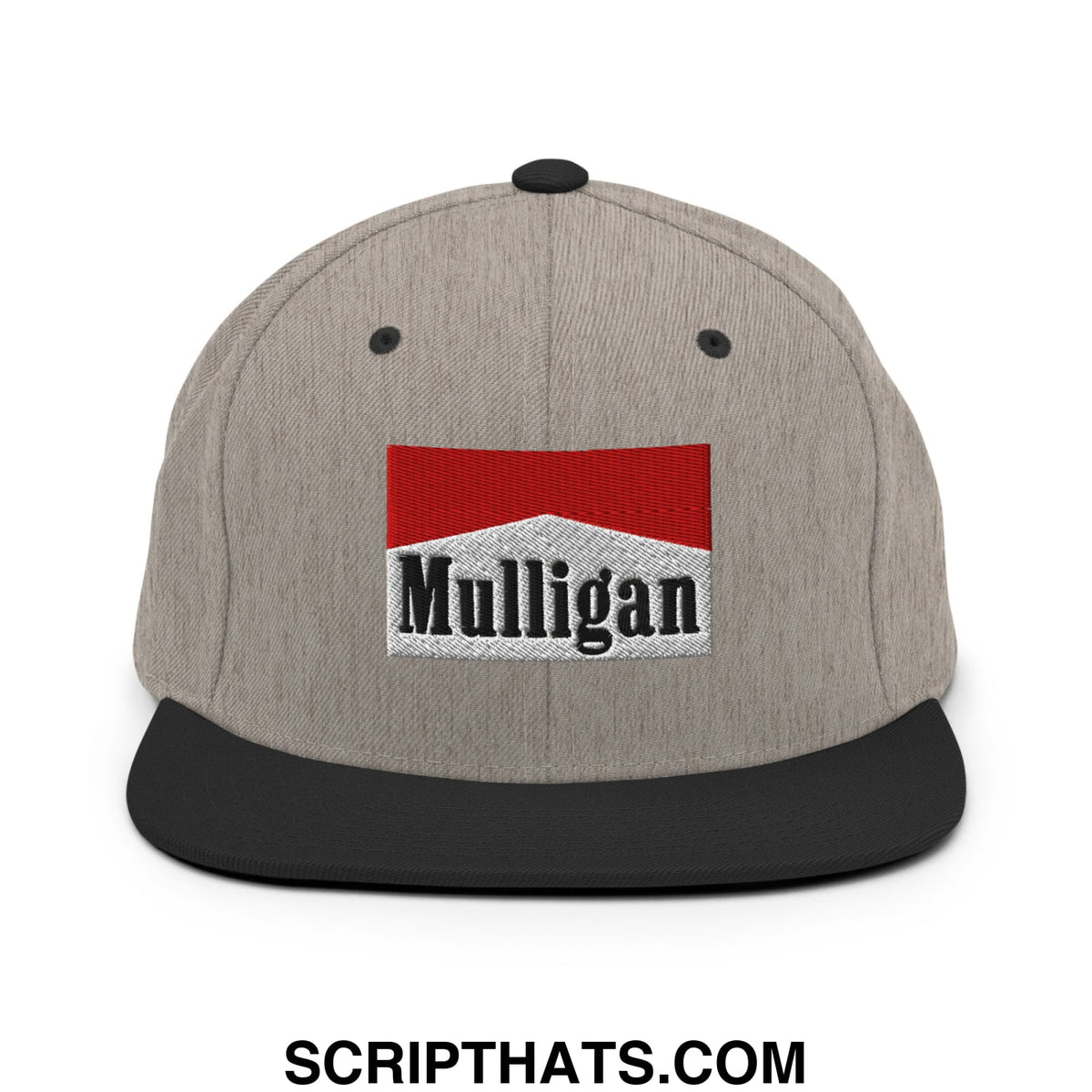 Gray snapback cap with black brim and red and white embroidered Mulligan logo for casual wear