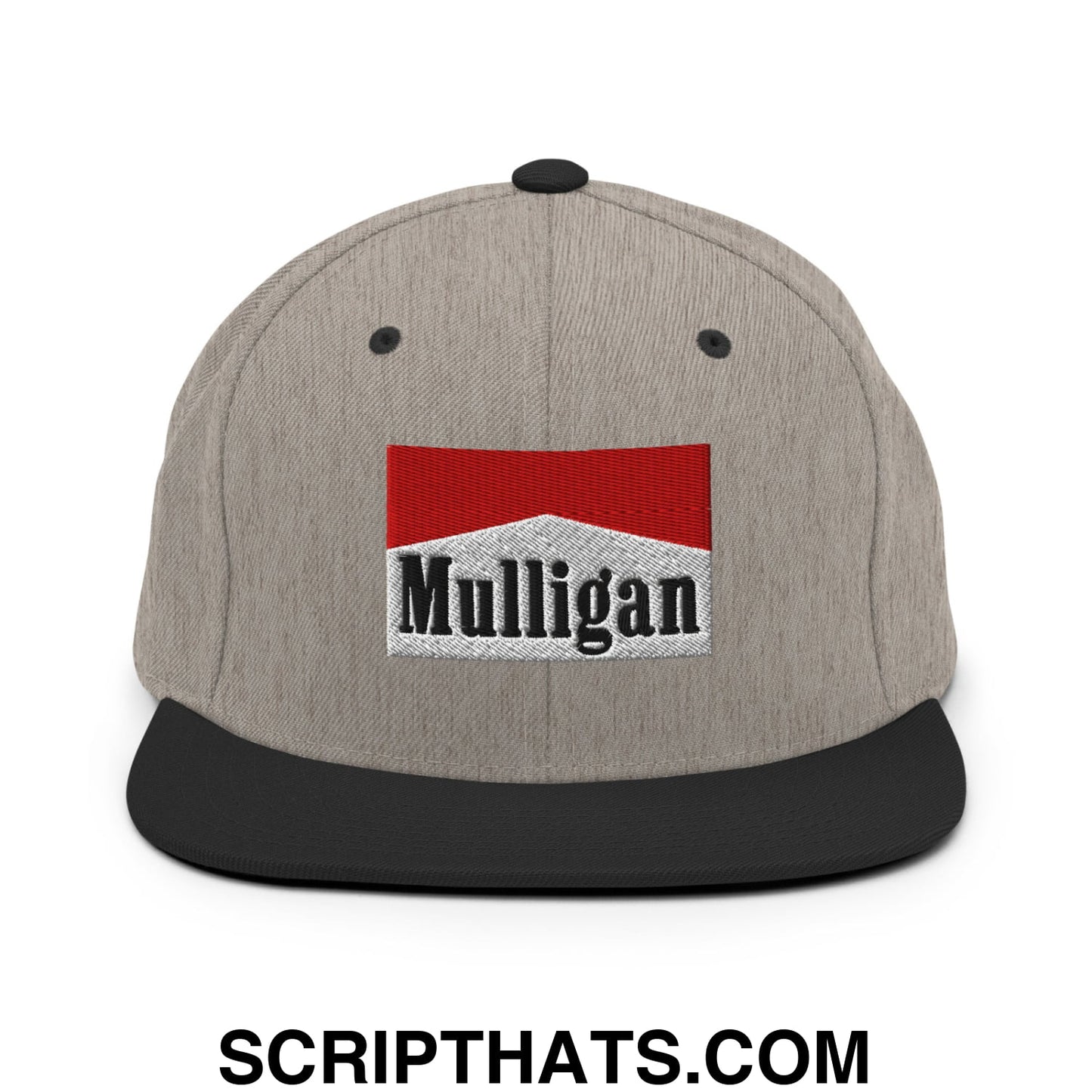 Mulligan Cigarette Red Embroidered Flat Bill Brim Snapback Hat Heather Black