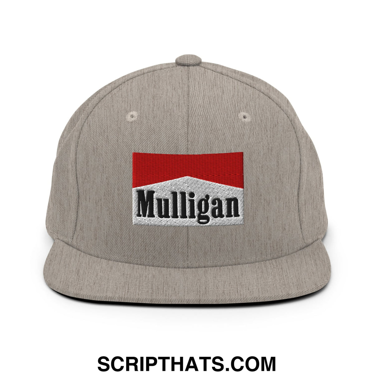 Gray heather snapback cap with red and white embroidered mulligan logo featuring a flat bill brim design