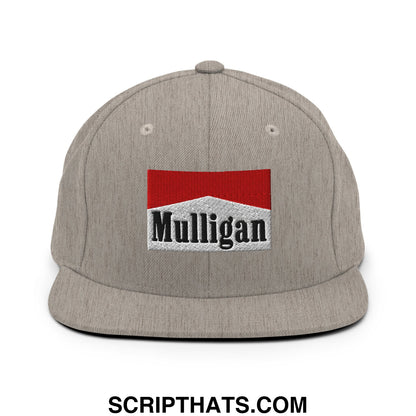 Gray heather snapback cap with red and white embroidered mulligan logo featuring a flat bill brim design