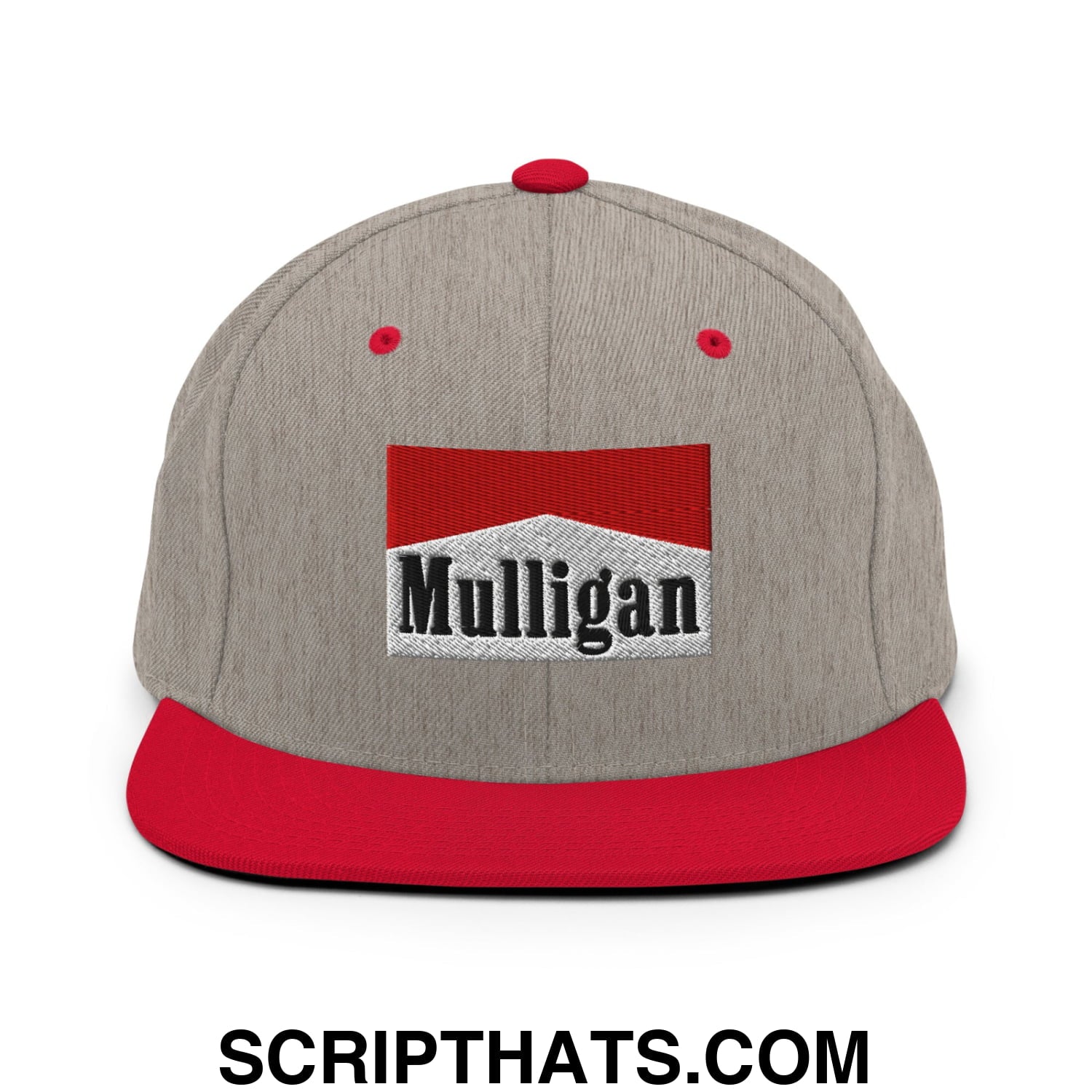 Mulligan Cigarette Red Embroidered Flat Bill Brim Snapback Hat Heather Grey Red